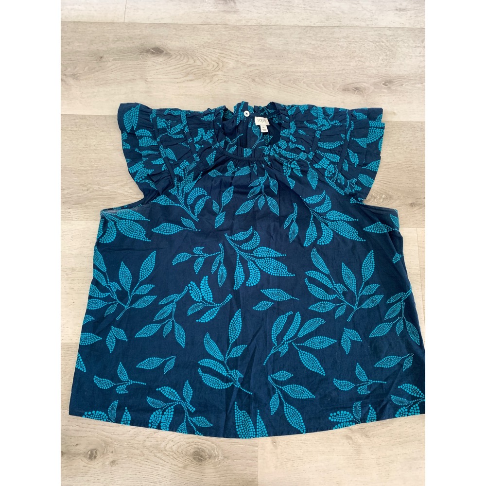 J.Crew‎ Womens XL Navy Turquoise Leaf Print Ruffle Neck Cotton Blouse Top